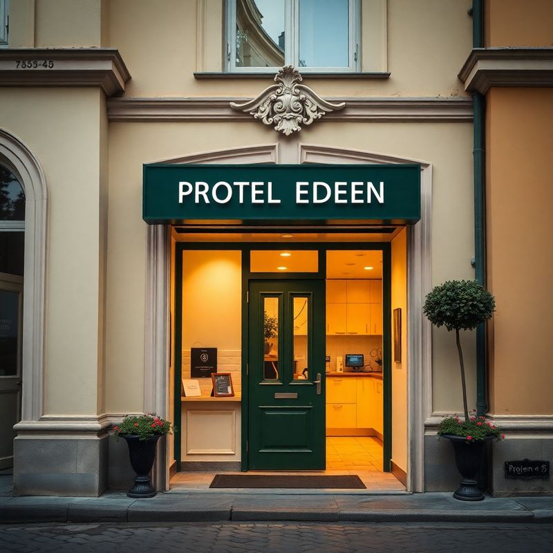 Vstupní část dílny Projet Eden se zelenými dveřmi a smetanovou fasádou