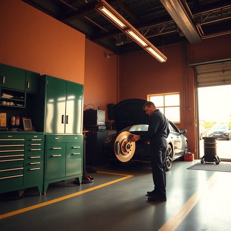Servisní hala Projet Eden s mechanikem kontrolujícím brzdový kotouč